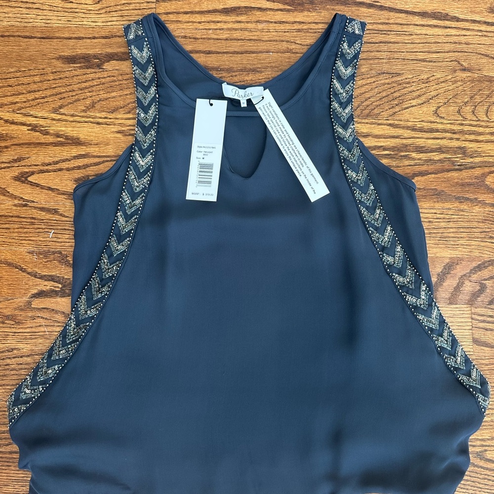 NWT Parker Raphael 100% SILK Gunmetal Keyhole Beaded Draped Glam Tank Top Size M